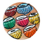 Patachitra on Wooden Coaster. Colorful Drums