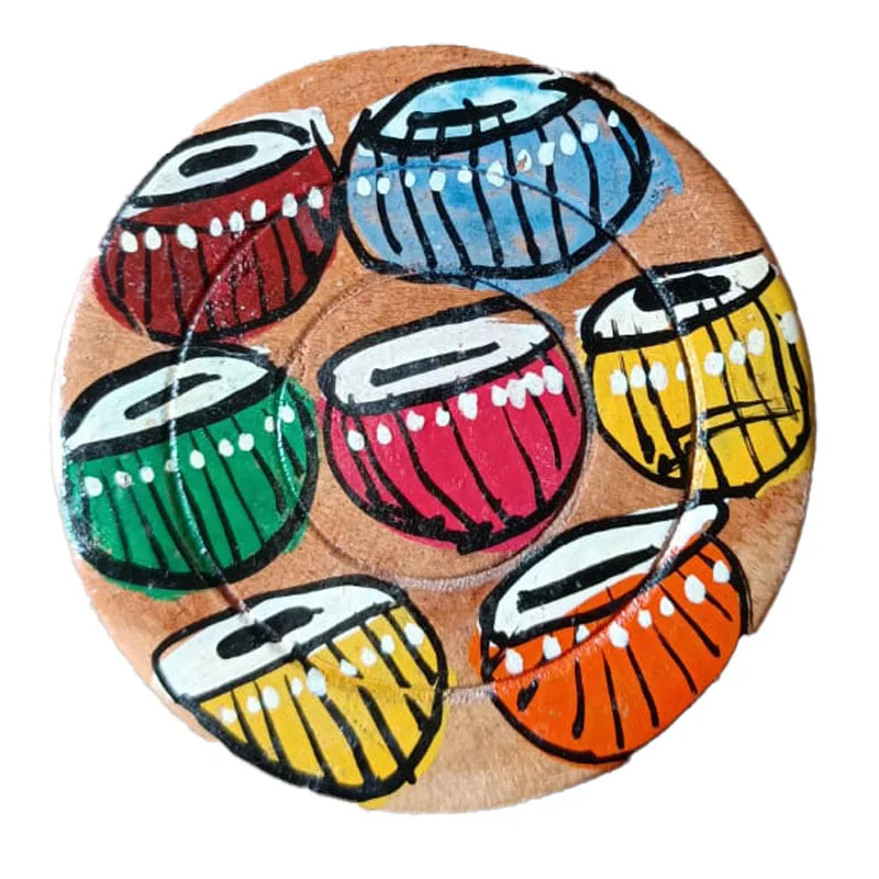 3 Patachitra on Wooden Coaster. Colorful Drums - Image 1