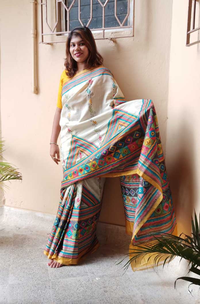 Elegant Yellow Figure Kantha Stitch Bangalore Silk Saree – WeaversIndia