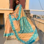 Bangalore Silk Saree – Beige with Turquoise Blue Woven Design