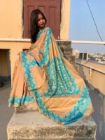 Bangalore Silk Saree – Beige with Turquoise Blue Woven Design