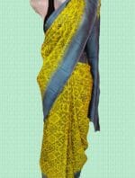 Tussar with Hand Blocked Saree - Yellow with Blue Floral Design - Image 4
