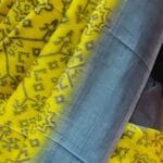 Tussar with Hand Blocked Saree - Yellow with Blue Floral Design - Image 2