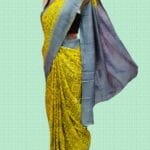 Tussar with Hand Blocked Saree - Yellow with Blue Floral Design