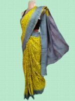 Tussar with Hand Blocked Saree - Yellow with Blue Floral Design