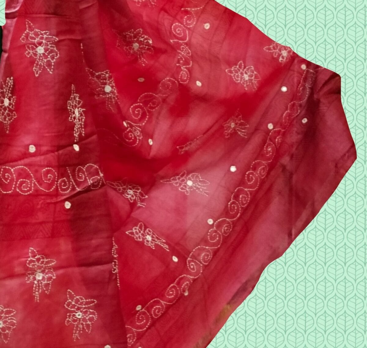 Tussar with Hand Blocked & Kantha Stitch Saree - Image 2