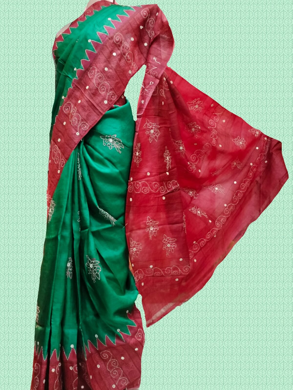 Tussar with Hand Blocked & Kantha Stitch Saree - Image 1