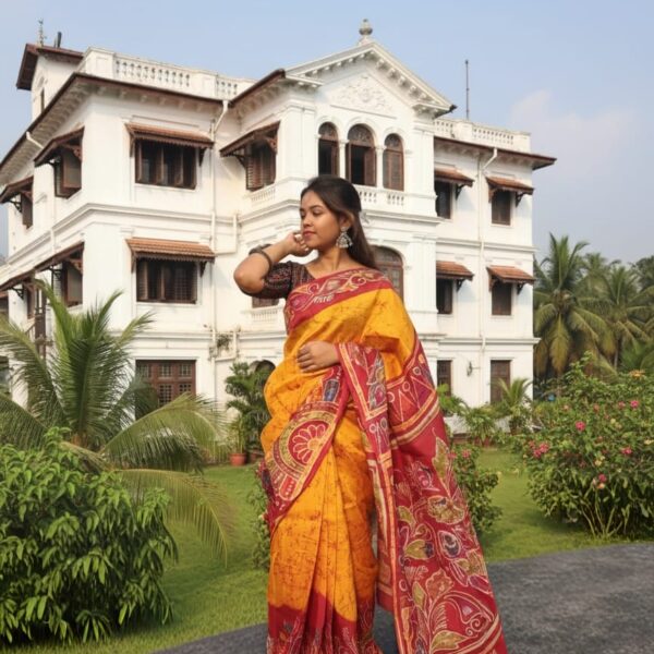 Hand Batick Silk Saree in Mustard Yellow and Red – Elegant Handcrafted Batik Silk Saree for Festive & Traditional Wear