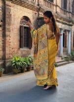 Half Tussar Saree with Lambani Work in Mustard Yellow – Handcrafted Tussar Silk Saree with Traditional Tribal Embroidery - Image 2