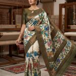 Tussar kalamkari (hand painted) Saree with elegant olive green and gold zari tissue border