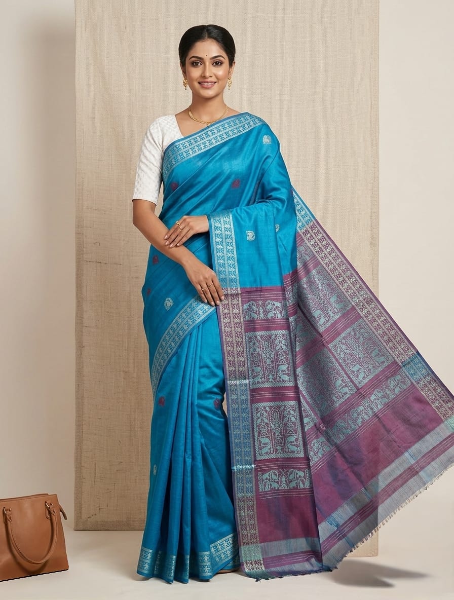 chhattisgarh tussar (3) Chhattisgarh Tussar Saree – Blue - Image 1