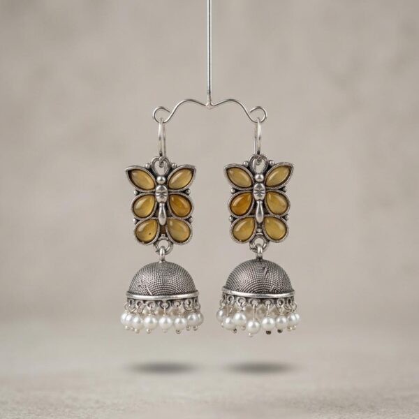 Oxidized Silver Butterfly Jhumka Earrings with Pearl Drops