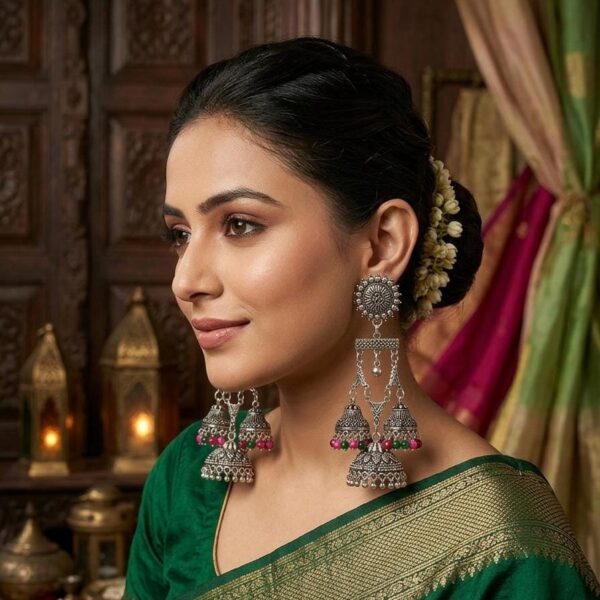 Traditional Oxidized Silver Multi-Layer Jhumka Earrings with Beaded Accents