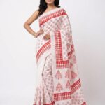Hand Block Print Malmal Saree - Red and White Shade with Ethnic Motif