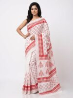 Hand Block Print Malmal Saree - Red and White Shade with Ethnic Motif