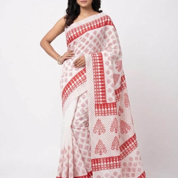 Hand Block Print Malmal Saree - Red and White Shade with Ethnic Motif