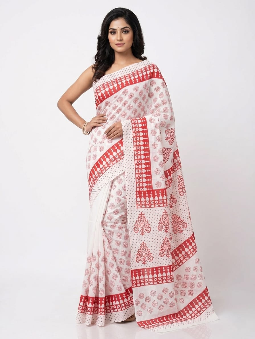 malmal (1) Hand Block Print Malmal Saree - Red and White Shade with Ethnic Motif - Image 1