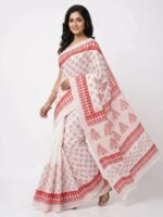 Hand Block Print Malmal Saree - Red and White Shade with Ethnic Motif - Image 2