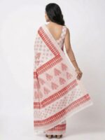 Hand Block Print Malmal Saree - Red and White Shade with Ethnic Motif - Image 3
