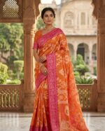 Elegant Orange Rajasthani Kota Doria Saree with Pink Woven Border