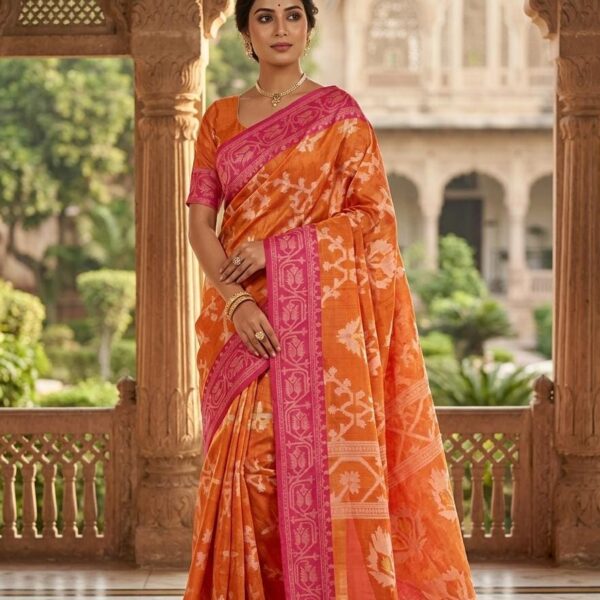 Elegant Orange Rajasthani Kota Doria Saree with Pink Woven Border