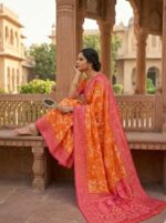 Elegant Orange Rajasthani Kota Doria Saree with Pink Woven Border - Image 3