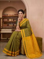 Olive Green & Mustard Handloom Teliya Cotton Saree - Image 3