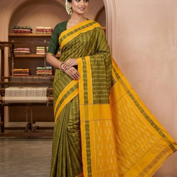 Olive Green & Mustard Handloom Teliya Cotton Saree