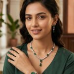 American Diamond Necklace set Green Pearl Drop