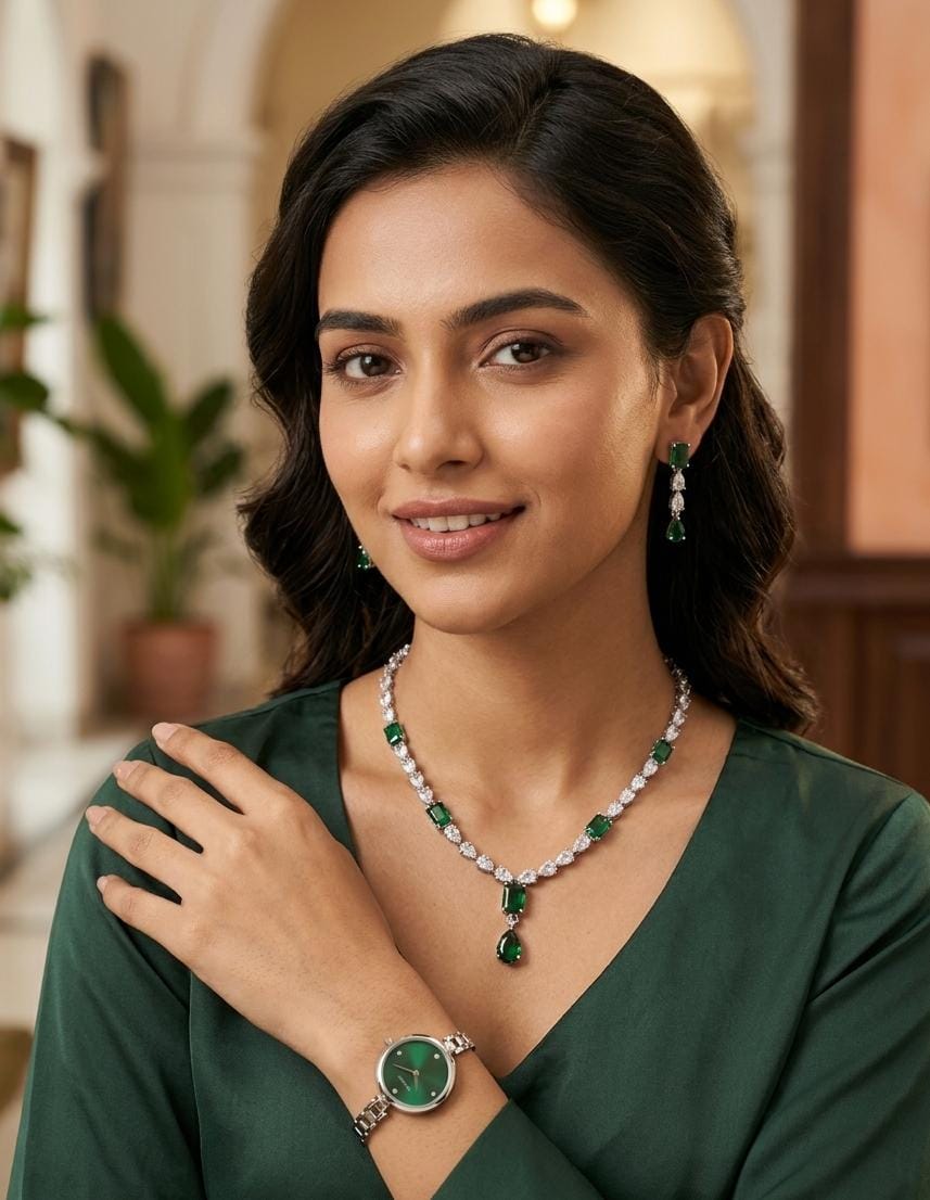 WhatsApp Image 2026-04-02 at 1.11.13 PM American Diamond Necklace set Green Pearl Drop - Image 1