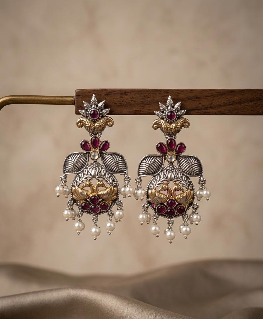 oxidized silver and gold dual-tone (2) Oxidized silver and gold dual-tone peacock-motif dangle earrings - Image 1