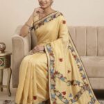 Beige Tussar Silk Saree with Parsi Embroidery Work