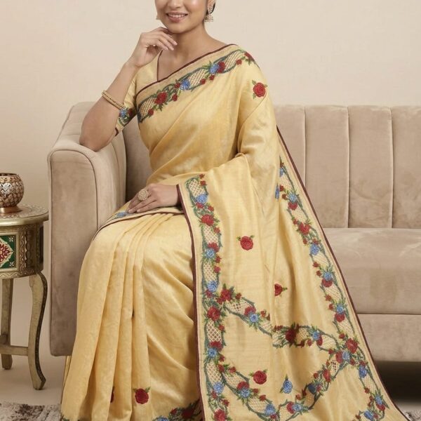 Beige Tussar Silk Saree with Parsi Embroidery Work