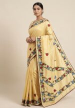 Beige Tussar Silk Saree with Parsi Embroidery Work - Image 2