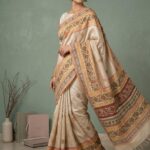 Hand blocked Tussar Saree