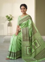 Hand blocked Silk Saree - Floral Green