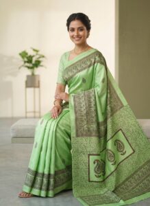Hand blocked Silk Saree - Floral Green