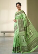 Hand blocked Silk Saree - Floral Green - Image 2