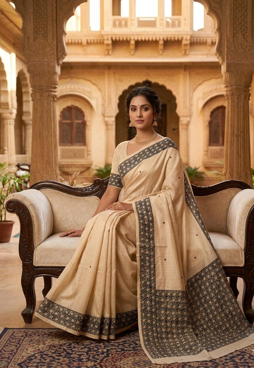 tussarcut (1) Tussar with Cut work - Beige - Image 1